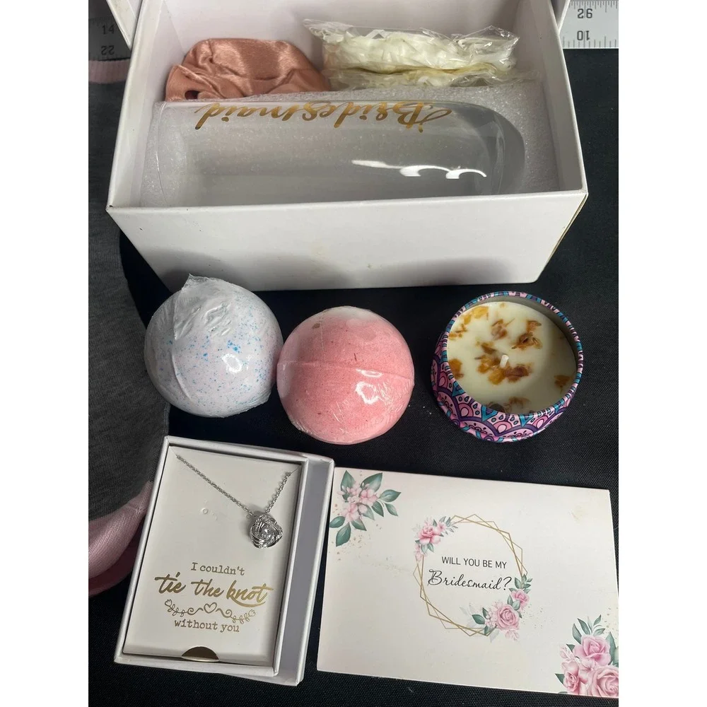 Bridesmaid Proposal Gift Box Set Flute Socks Jewelry Bath Bombs Candle Pink Gold